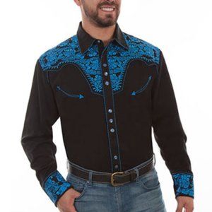 Scully XXL Gunfighter Western Shirt Long Sleeve Snap Embroidered Black & Blue